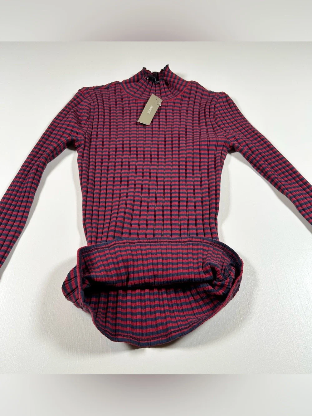J Crew Pointelle Turtleneck Red Navy Stripe Scalloped Lettuce Trim Women’s XXS